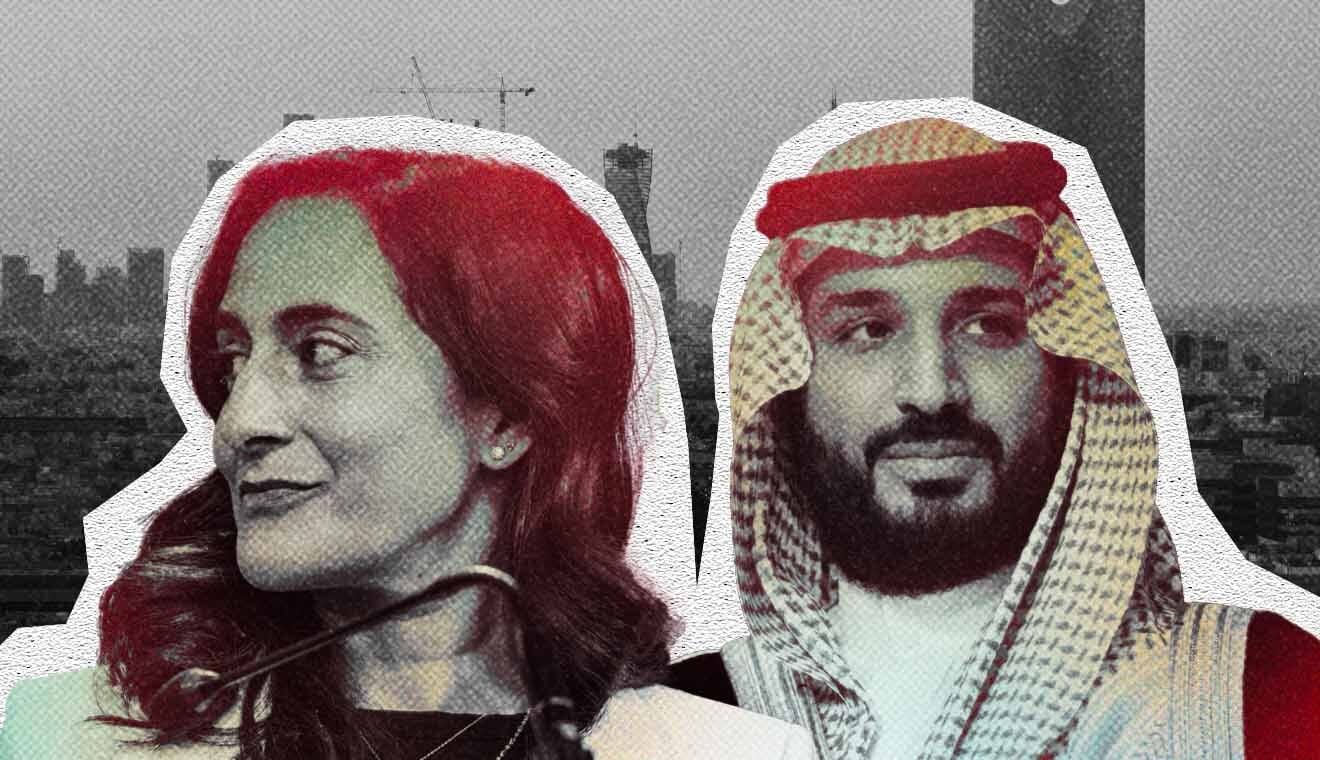 Composite image showing Foreign Affairs Minister Anita Anand, Saudi Crown Prince MBS, and Riyadh city skyline.
