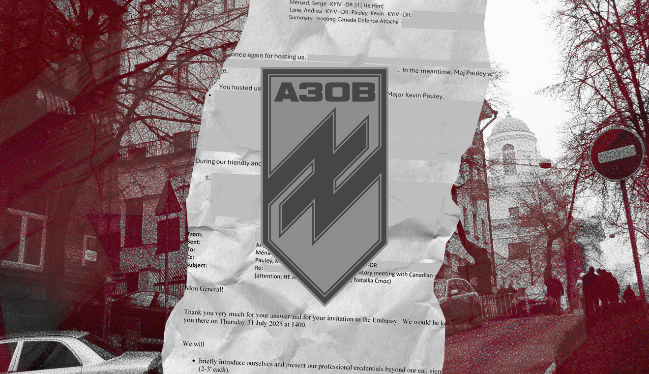 Azov Brigade logo overlaying a screenshot of documents and a photo of the Canadian embassy in Kyiv.