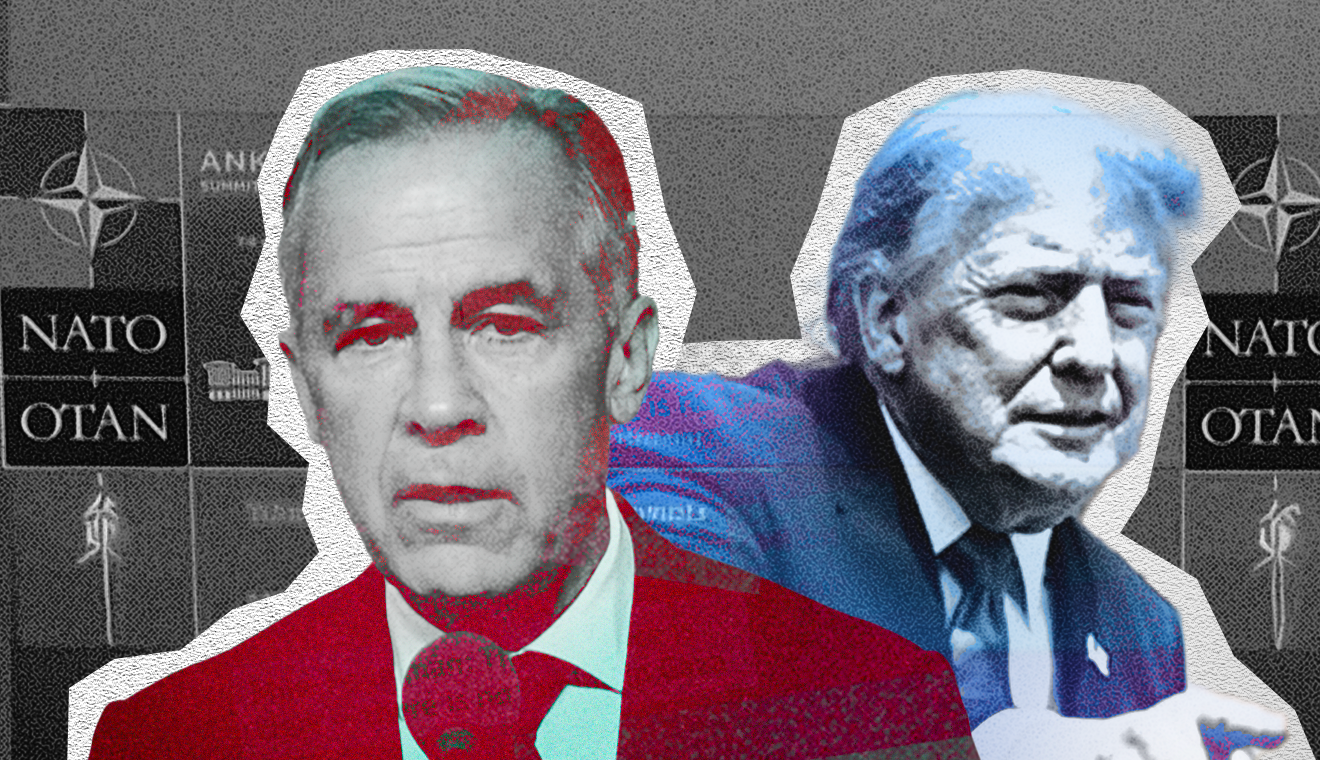 Graphic showing Mark Carney and Donald Trump in front of a NATO press background.