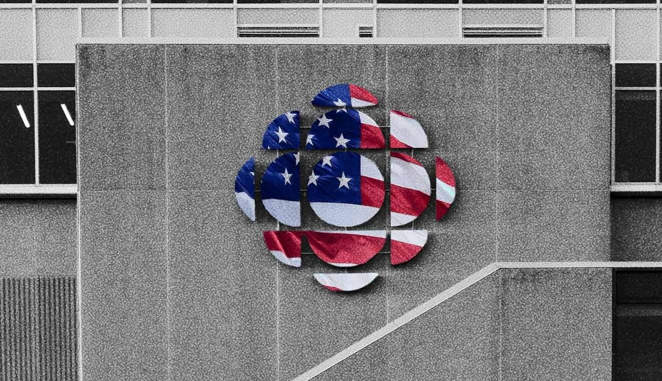 An American flag superimposed on a CBC logo on a wall