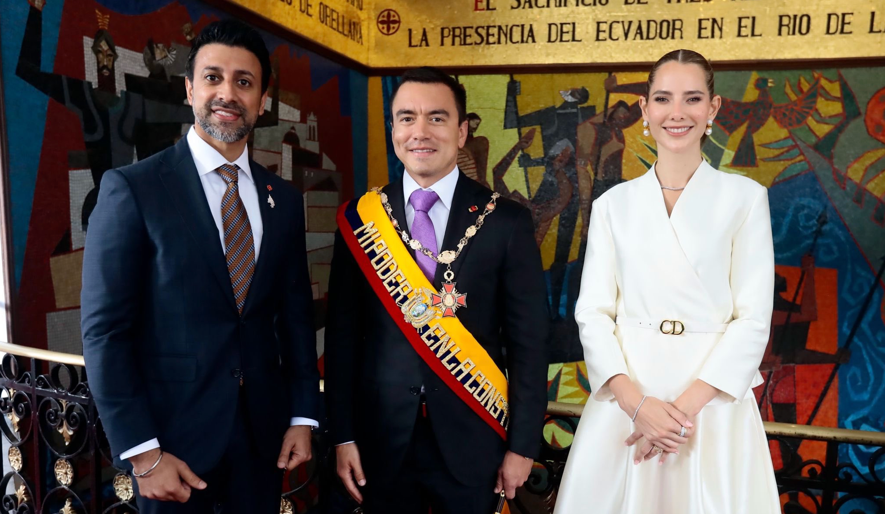Photo showing Canadian Minister Maninder Sidhu, Ecuadorian President Daniel Noboa, and First Lady Lavinia Valbonesi.