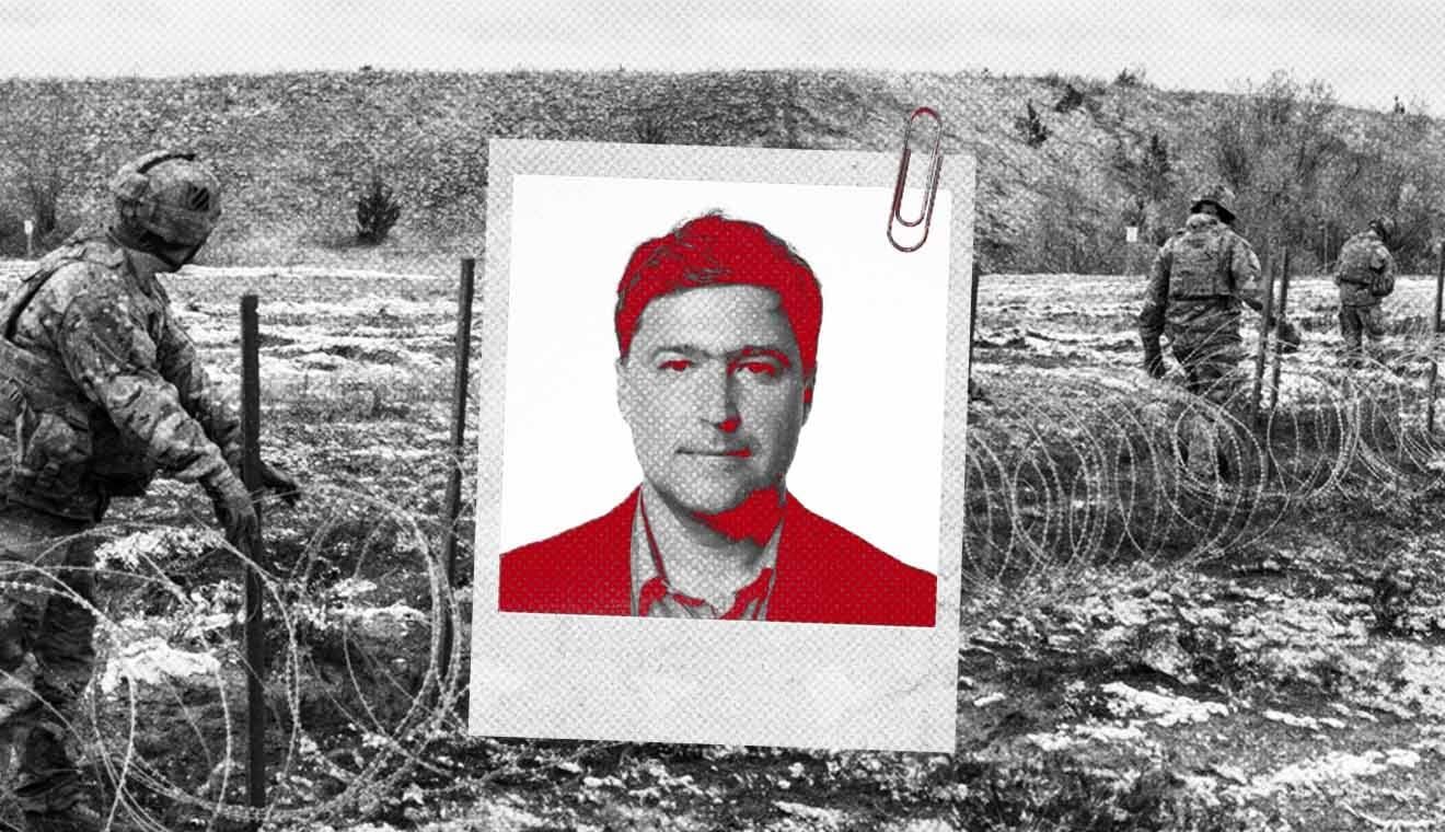 Image shows soldiers preparing barbed wire fence and photo of journalist Leonid Ragozin.