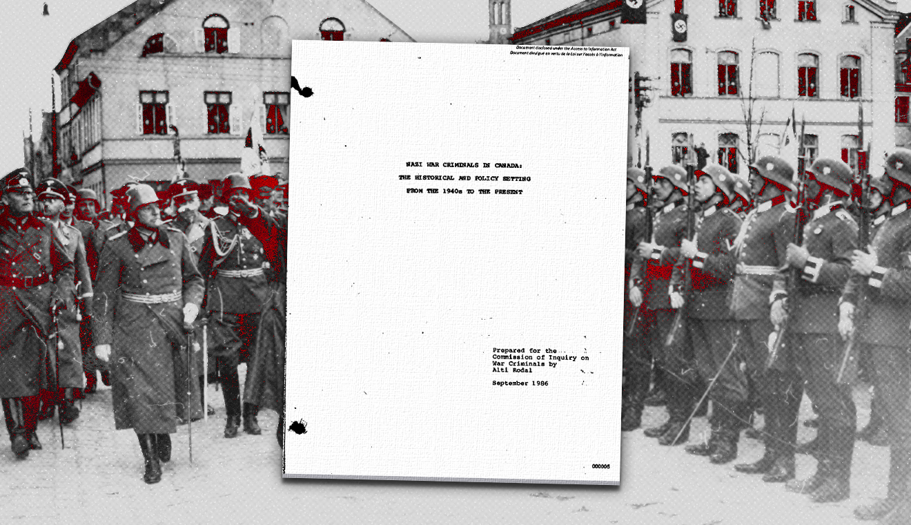 Graphic showing Nazi troops and cover of the Rodal Report.