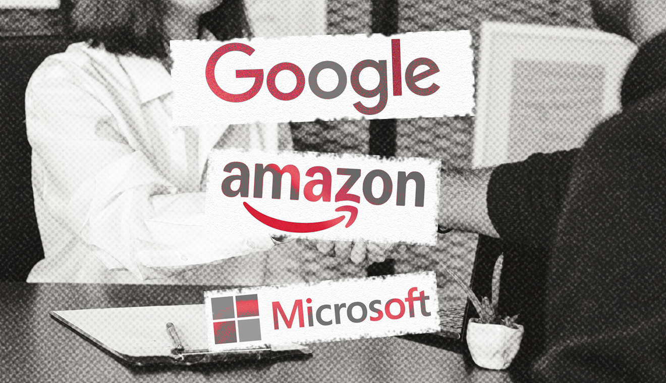 Image showing two people shaking hands with Google, Amazon and Microsoft company logos superimposed.