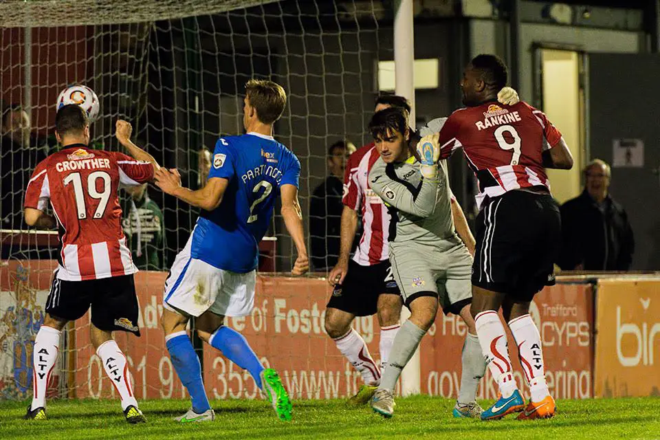Ryan Crowther has a goal disallowed due to an infringement on with the Eastleigh goalkeeper