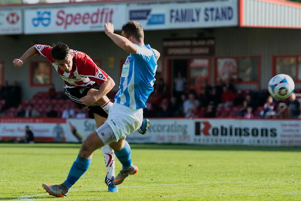 Simon Richman, back from injury, fires off a shot against Braintree last Saturday