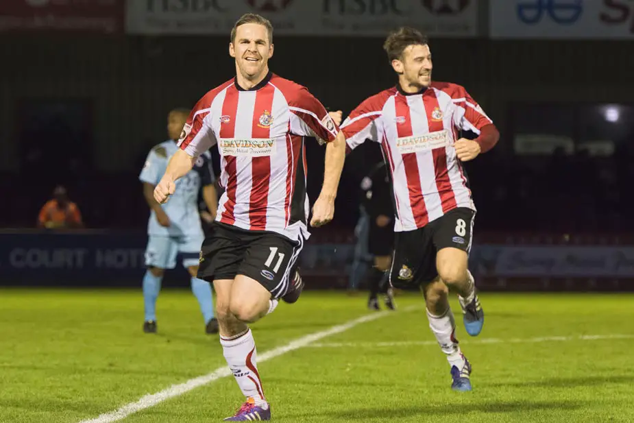 Nicky Clee and Simon Richman lead the celebrations for the winning goal