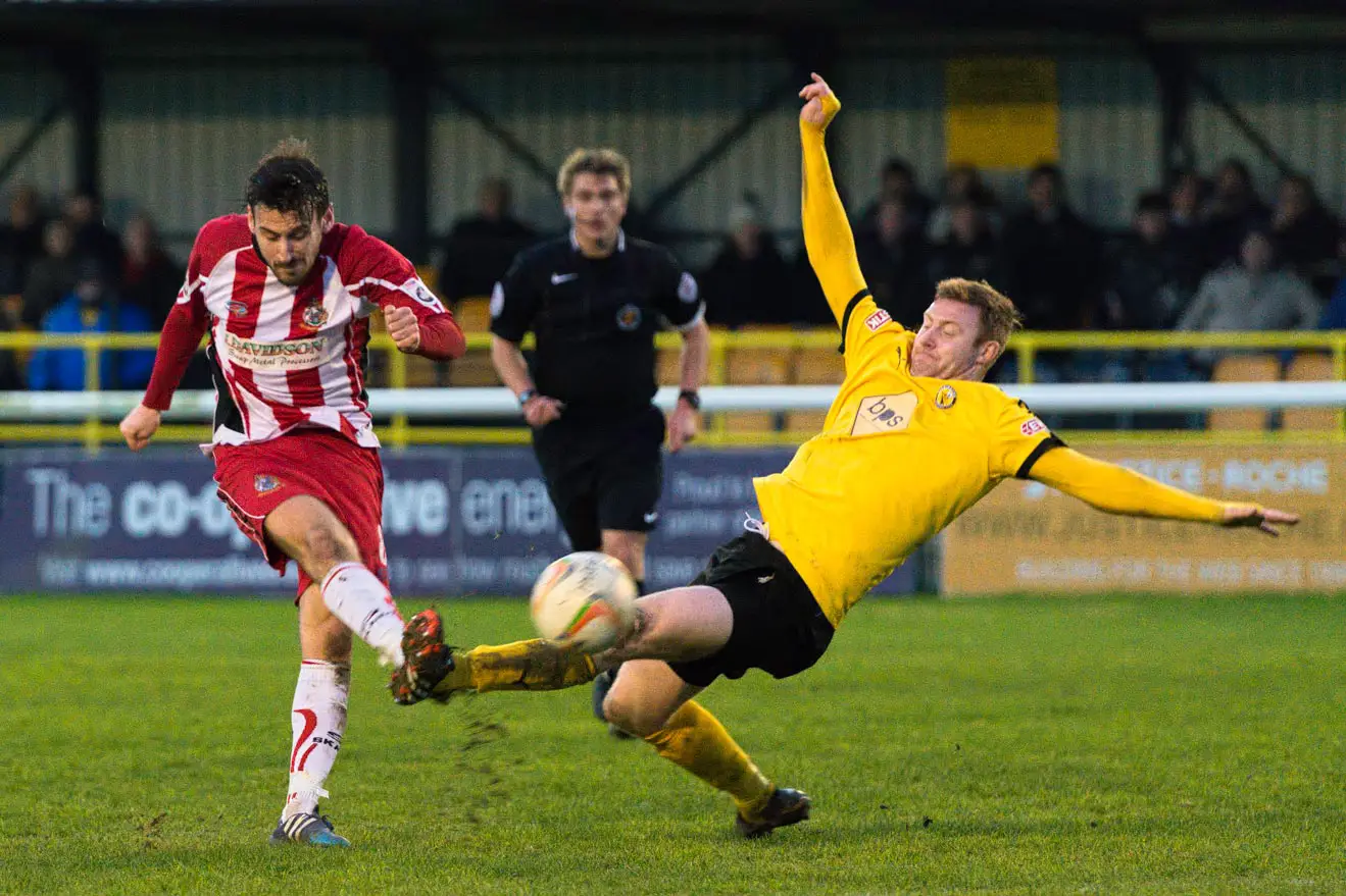 Simon Richman's shot is blocked at Leamington