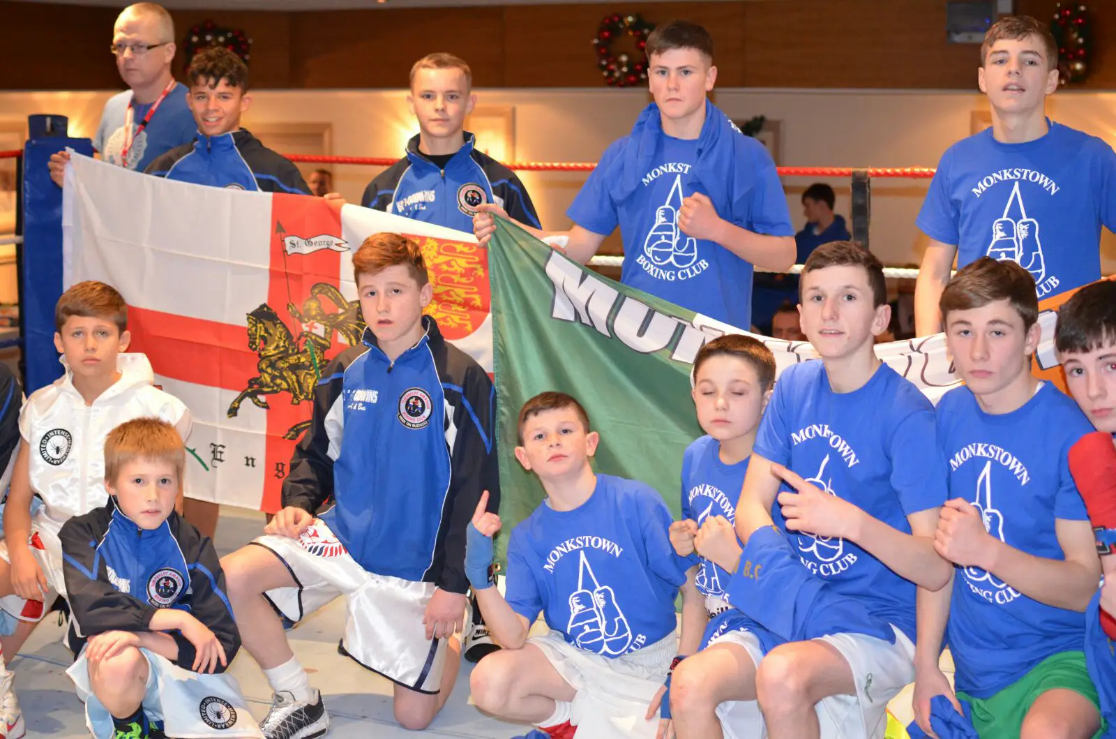 The Timperley boxers shown include coach Mark Davidson, Sonny Wilson, Mike Mulvey, Flynn Wilson, Ethan Jones and Clark Smith