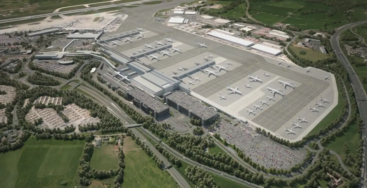 An aerial view of the expanded airport