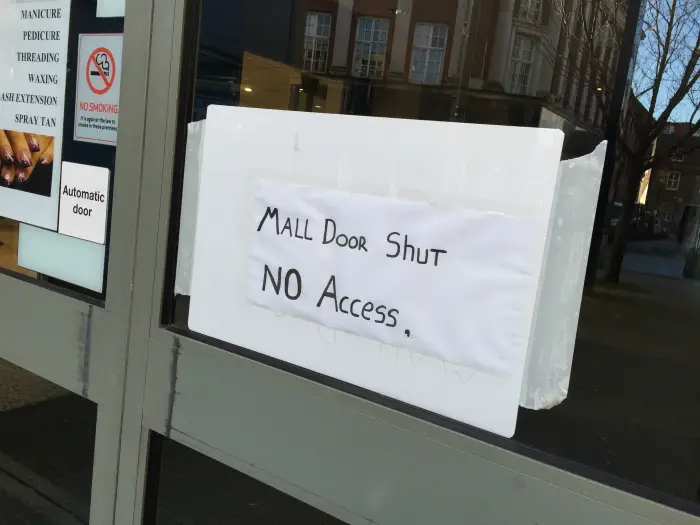 The sign on the entrances to the centre today