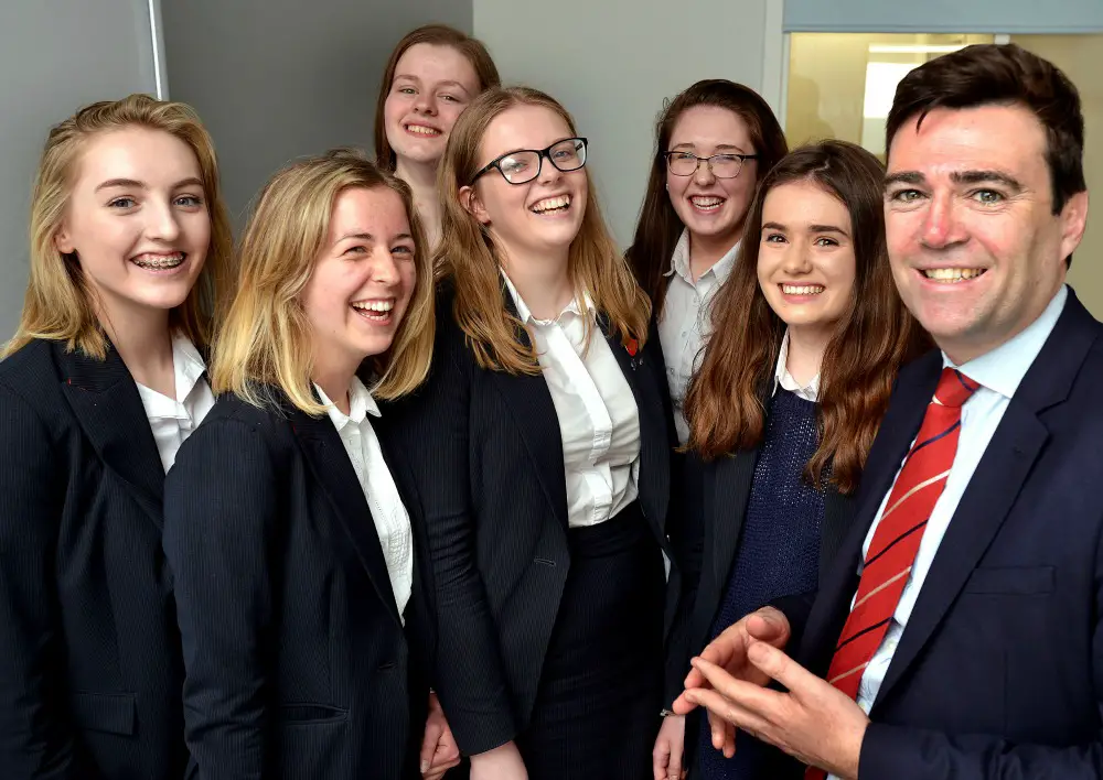 With Andy Burnham are Loreto politics students Rachel Doyle, Isabel Clancy, Phoebe Jones, Rebecca McCann, Julia Morton and Katie Beaton