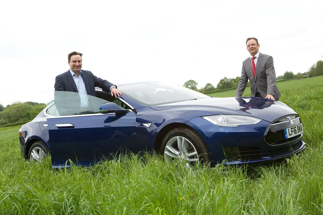 Tesla S customer Graham Forrester, from McGoff Group Facilities Services, with Stuart Sinclair from Altrincham-based CVSL