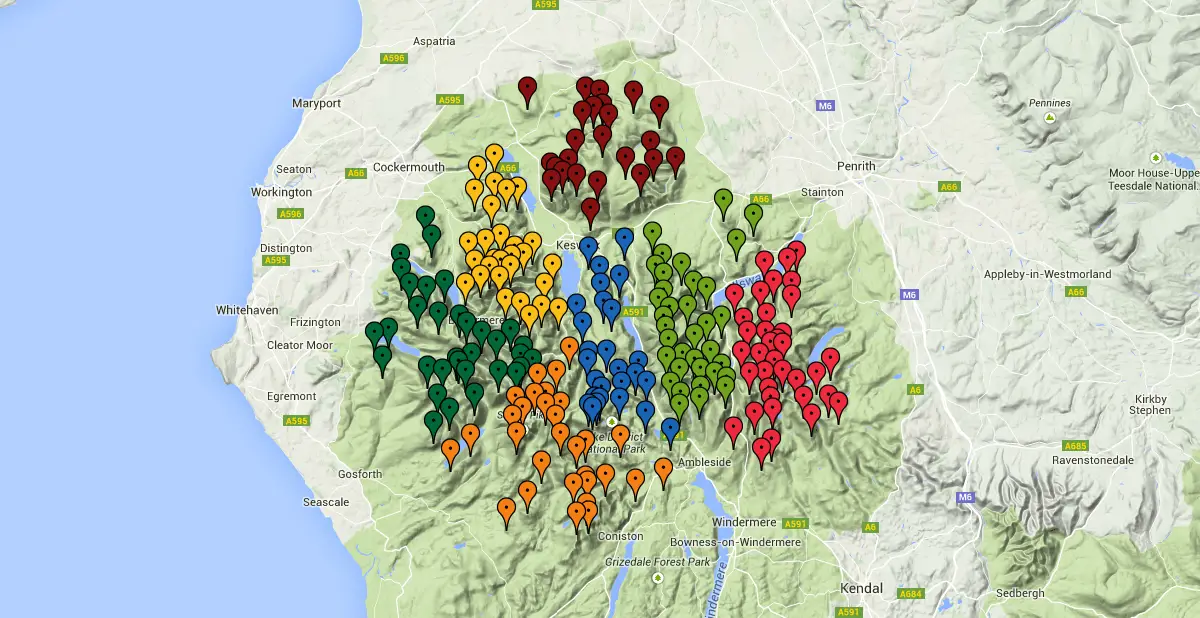 A map showing the location of all 214 of Wainwright's fells