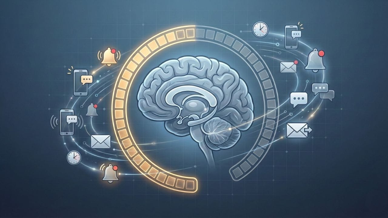 Brain illustration with a loading bar surrounded by notification and interruption icons