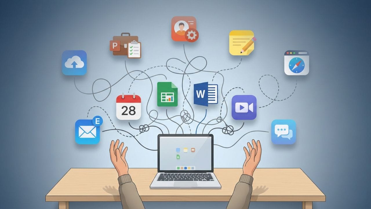 Overhead view of desk with hands reaching toward 11 floating app icons in a tangled, chaotic arrangement