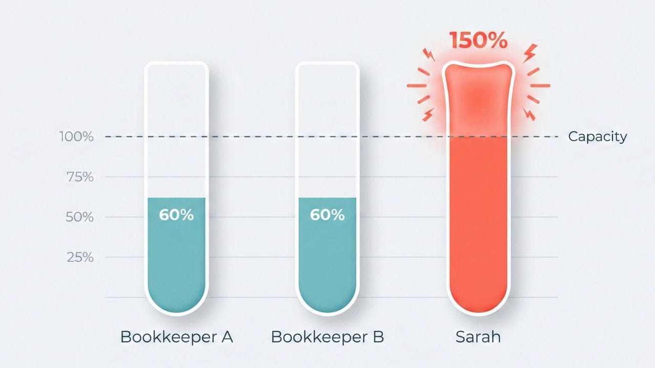<!– VISUAL PLACEHOLDER: Three vertical bars showing workload distribution. Two bars at 60% capacity labeled "Bookkeeper A" and "Bookkeeper B". One bar overflowing at 150% capacity labeled "Sarah".