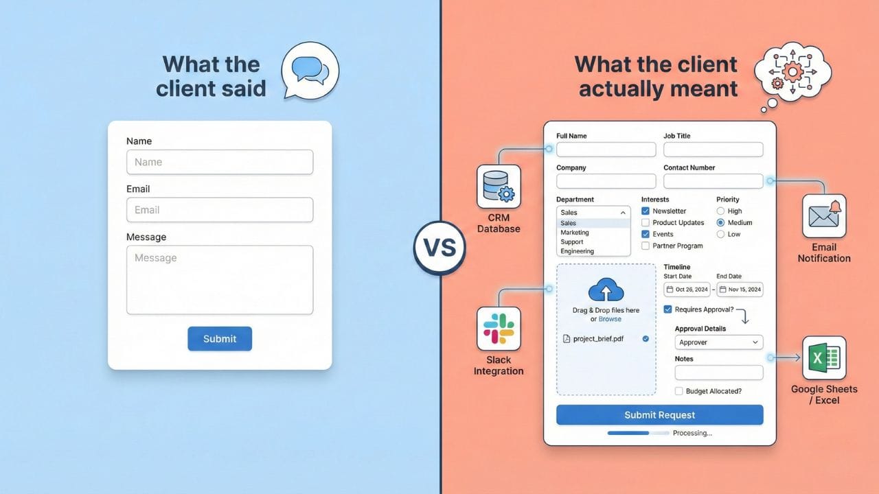 Split image showing two versions of a "Simple Contact Form" - left side shows a basic form with three fields labeled "What the client said", right side shows a complex form with conditional logic, file uploads, and CRM integration labeled "What the client actually meant".
