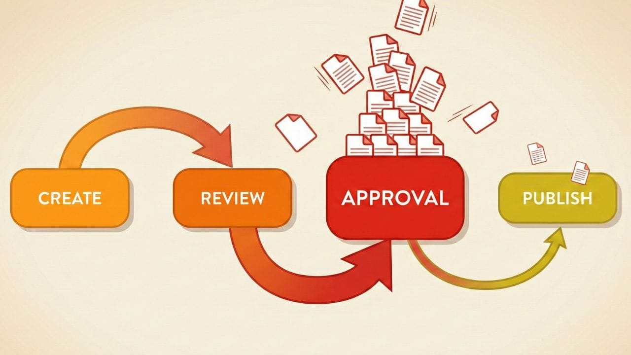 Simple flowchart showing tasks moving through stages (Create → Review → Approval → Publish), with a large backlog pile at the Approval stage.