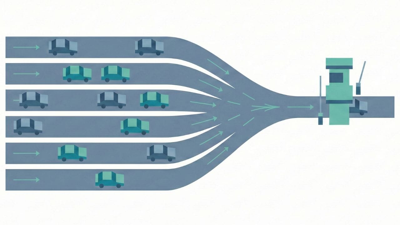 image showing a highway with multiple lanes funneling into a single toll booth