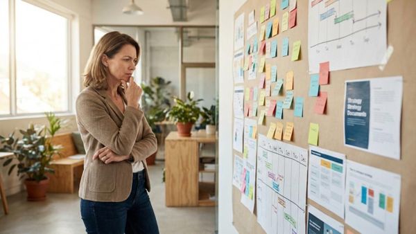 Business owner studying wall of strategy notes and project plans, searching for what will actually work