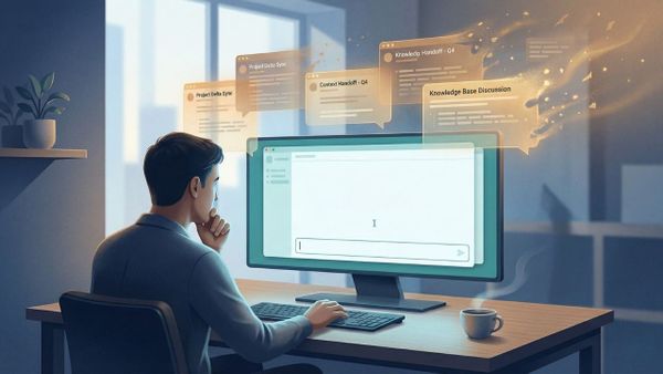 Illustration of a person at a desk reaching toward fading puzzle pieces and chat bubbles, representing lost context and knowledge