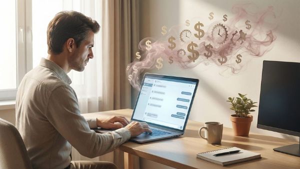 Man at laptop seeing how much money is being wasted.