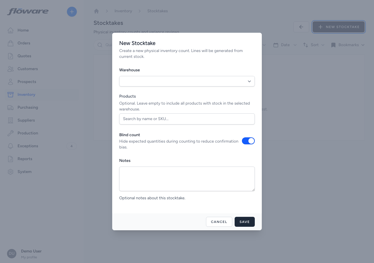 Create stocktake dialog with warehouse, location, product subset, and blind count toggle