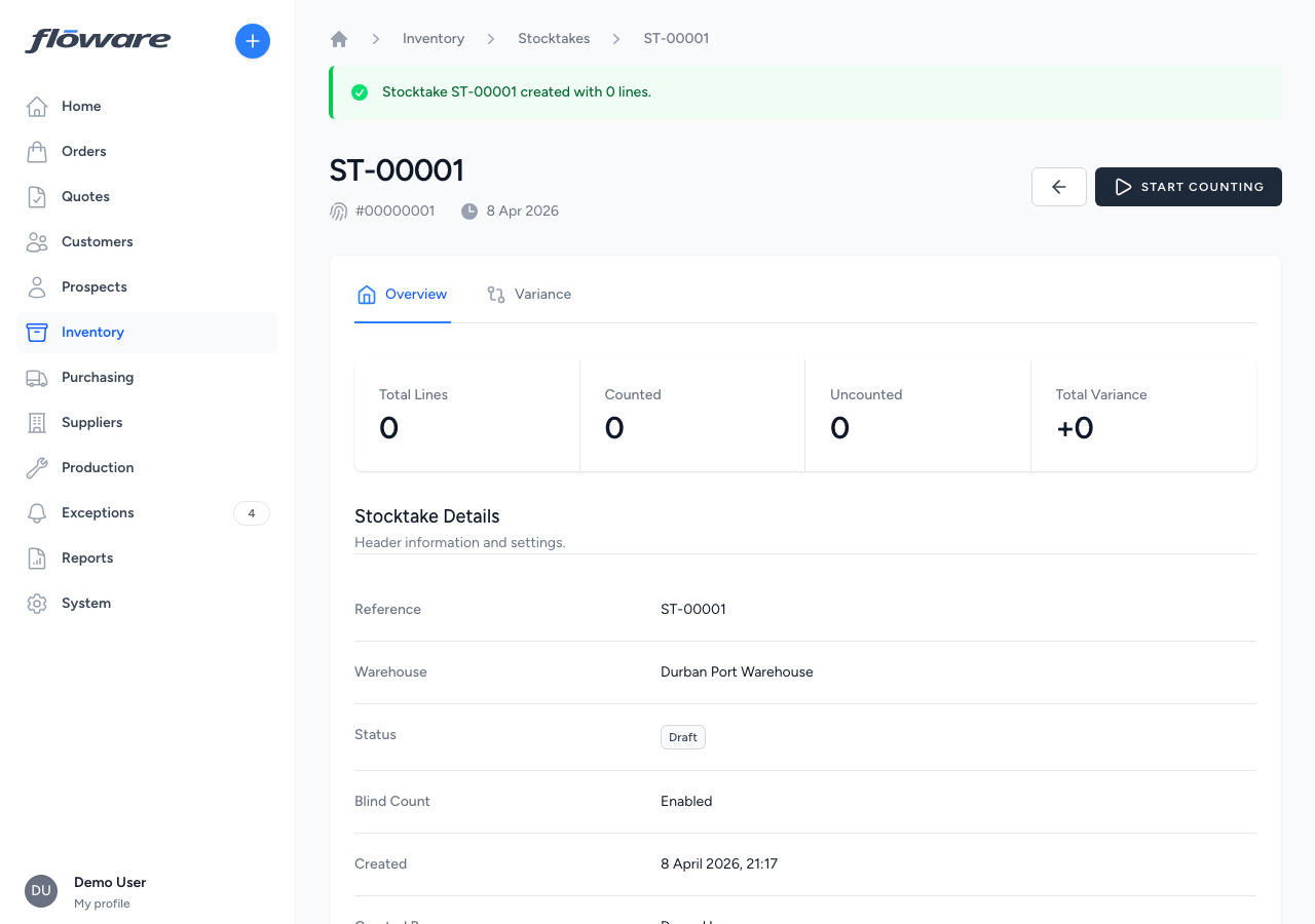 Stocktake detail in draft status, ready for a controller to start counting