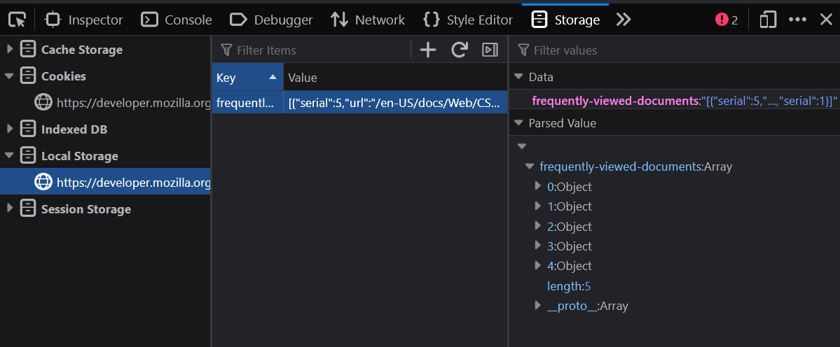 Example of local storage in dev tools