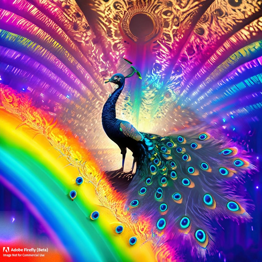 peacock in a disco at the end of a double rainbow