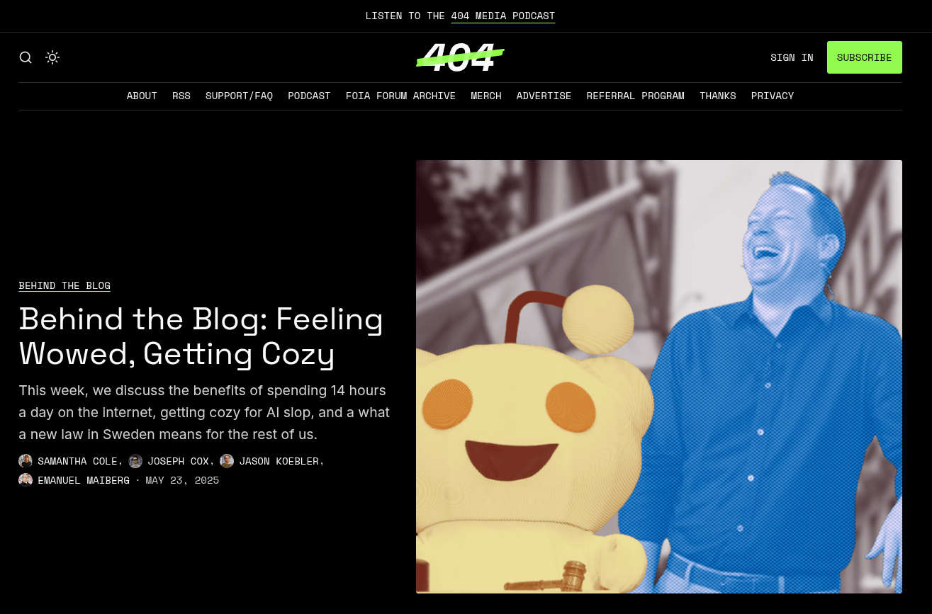 404 Media homepage showing a large hero image above the main article content