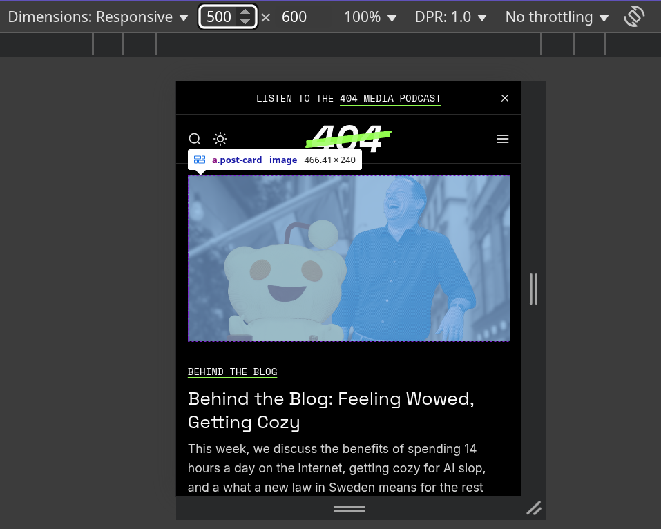 Browser developer tools showing 404 Media's hero image at 500px viewport width, with the image measuring 466px wide