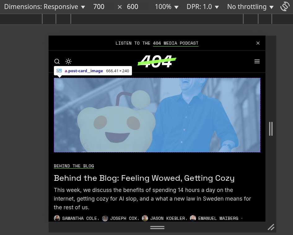 Browser developer tools at 700px viewport showing the hero image now measures 666px wide