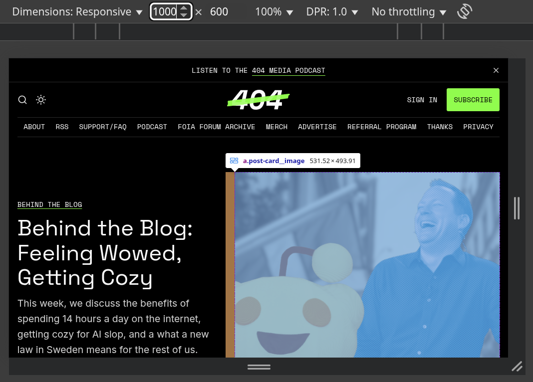 Browser developer tools at 1000px viewport showing the layout has shifted to two columns, making the hero image smaller at around 600px wide