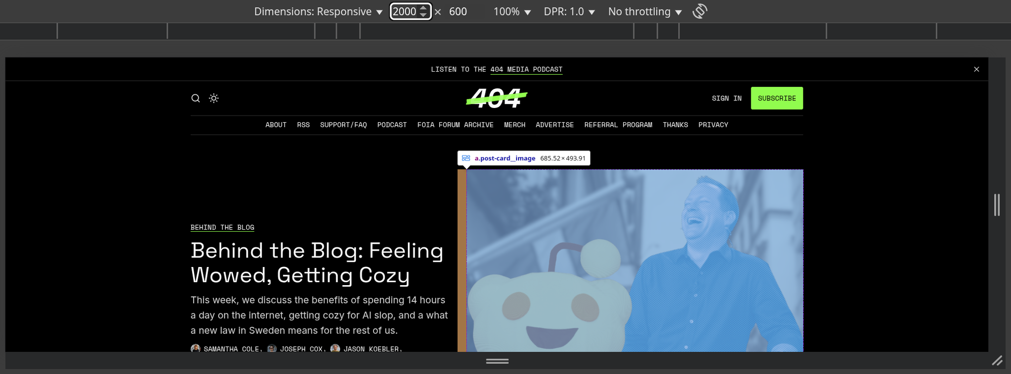 Browser developer tools at 2000px viewport showing the hero image has grown again to approximately 1000px wide