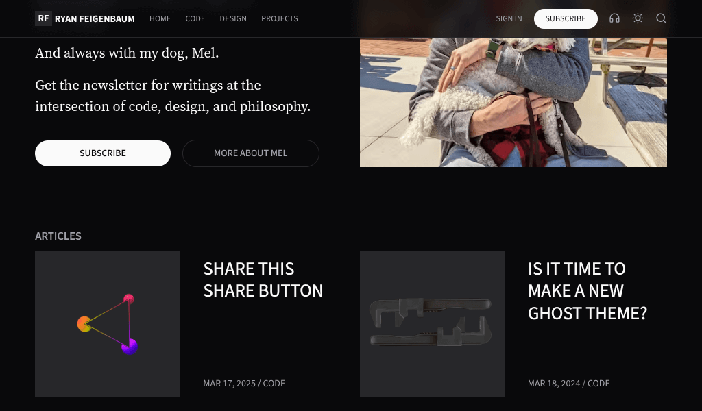 Screenshot of ryanfeigenbaum.com homepage showing a card layout with the wrench tool image that was used to generate the picture element example