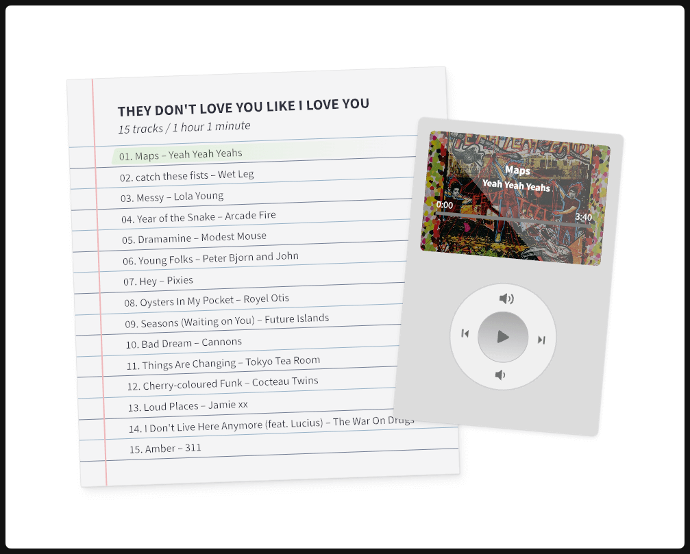 A playlist on lined paper next to an ipod with the yeah yeah yeahs on it