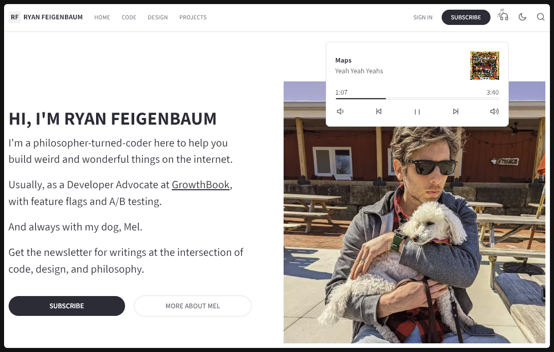 Hero section of my website, showing the mini player popover exposed with controls and album details