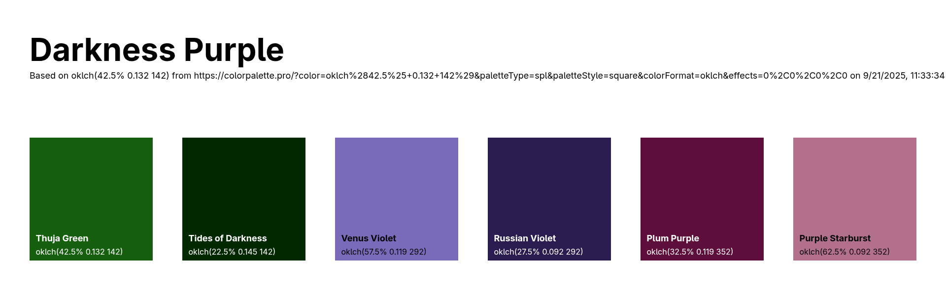 Thuja Green in the split complementary palette, Darkness Purple