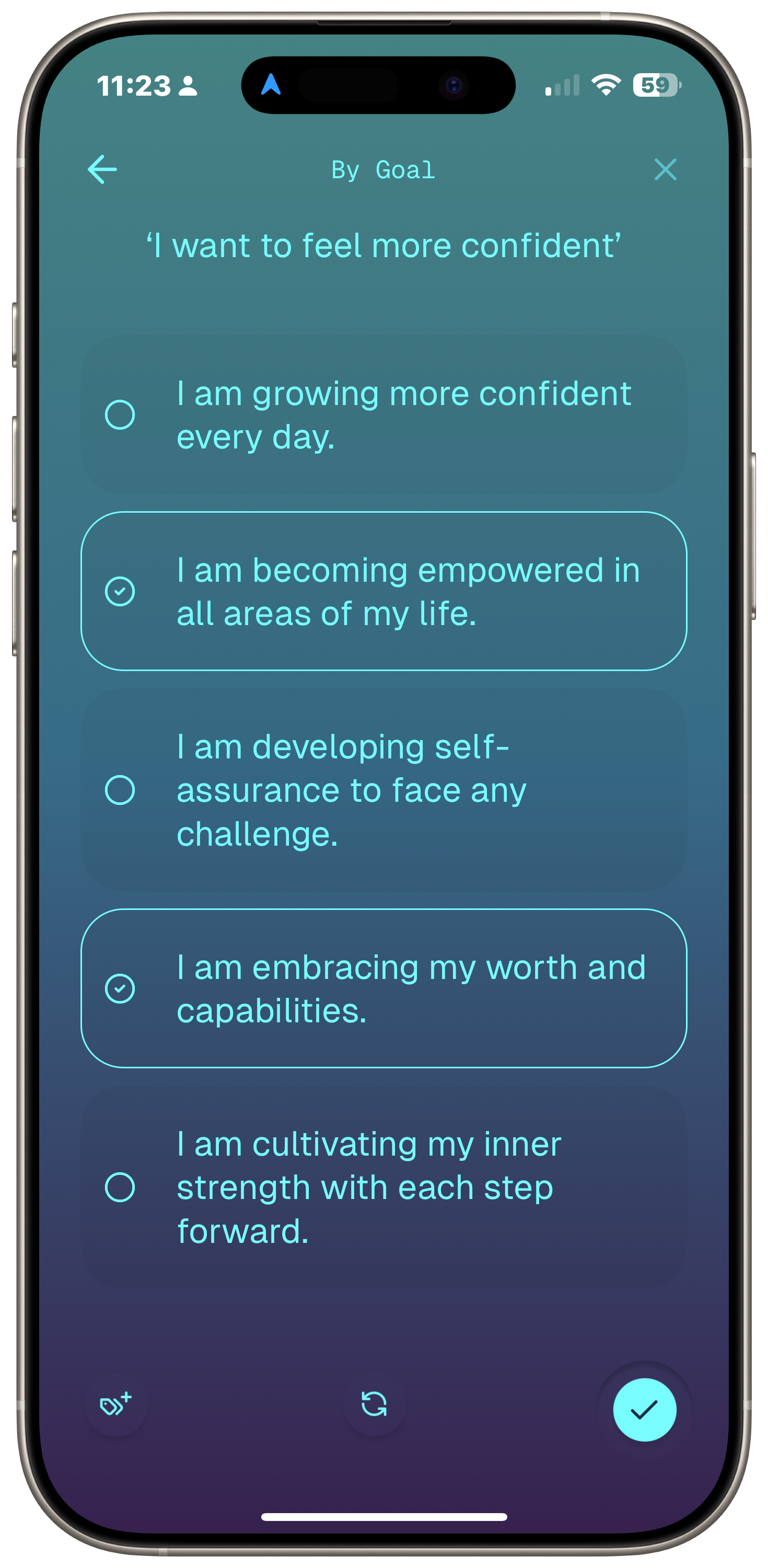Create affirmations in multiple ways — goal, tag, variation