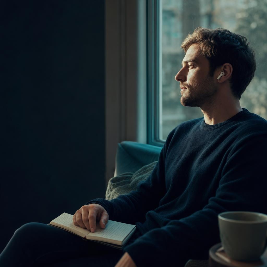 A person wearing an earbud sits by a window with a notebook, taking a quiet moment to reflect.