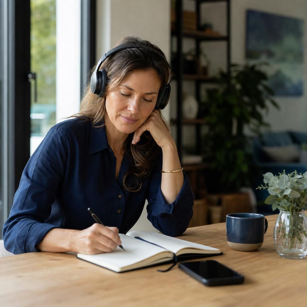 Illustrative woman listening with headphones while writing a personal goal in a notebook.