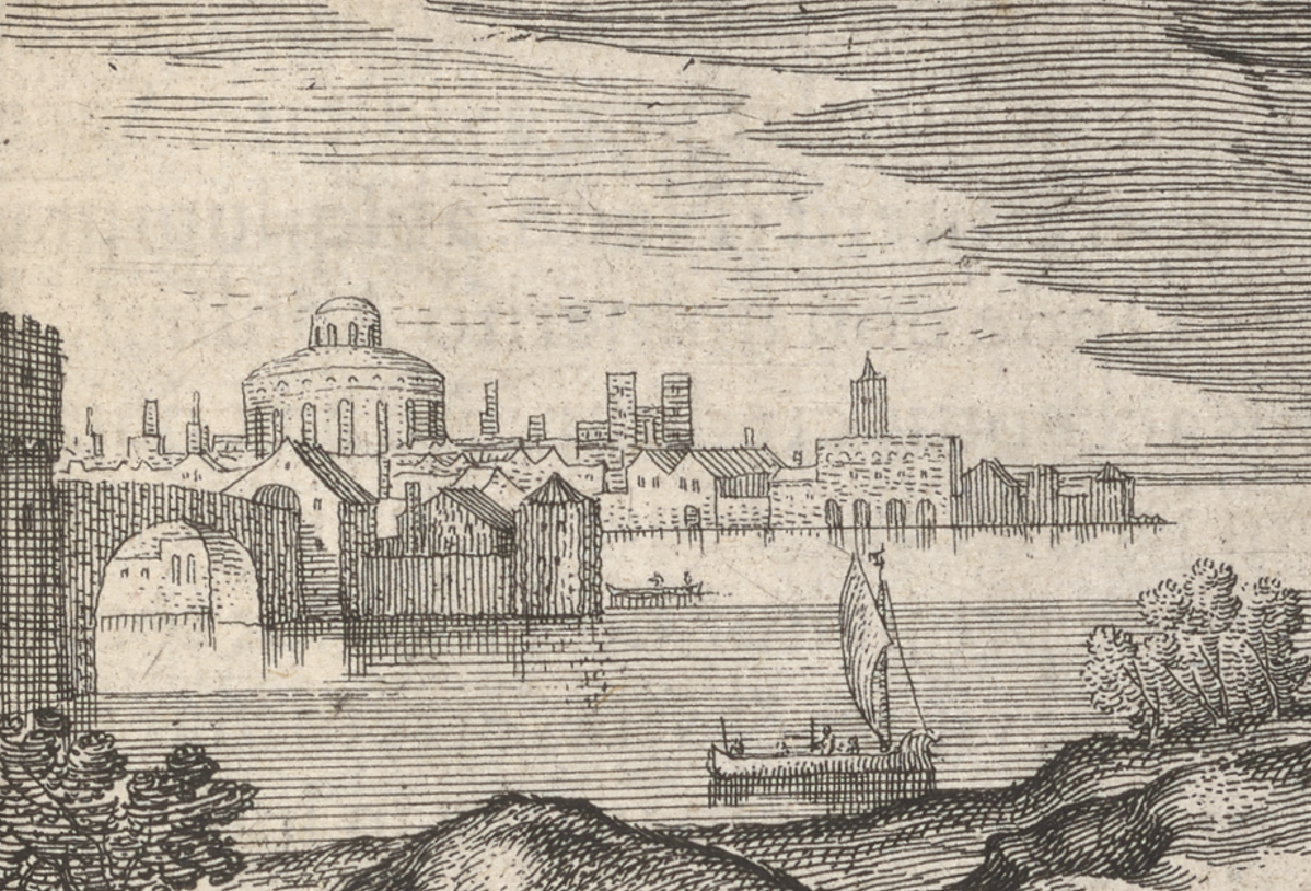 The image depicts a historical cityscape with a central domed building, a river, and boats on the water, framed by a detailed, weathered landscape.
AI-generated content may be incorrect.