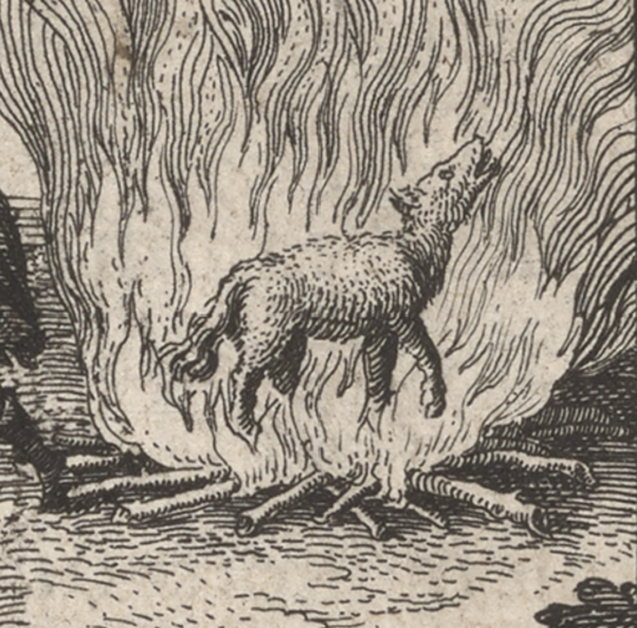 The image depicts a fiery, smoky landscape with a wolf standing over a campfire.
AI-generated content may be incorrect.