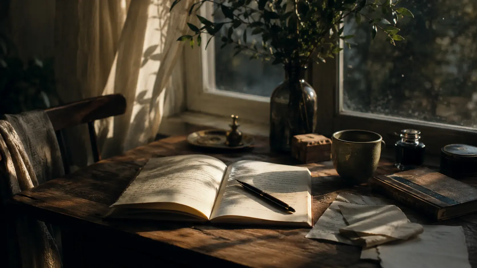 Quaderno aperto su una scrivania all’alba, tra luce naturale, fogli e oggetti quotidiani, simbolo della scrittura interiore.