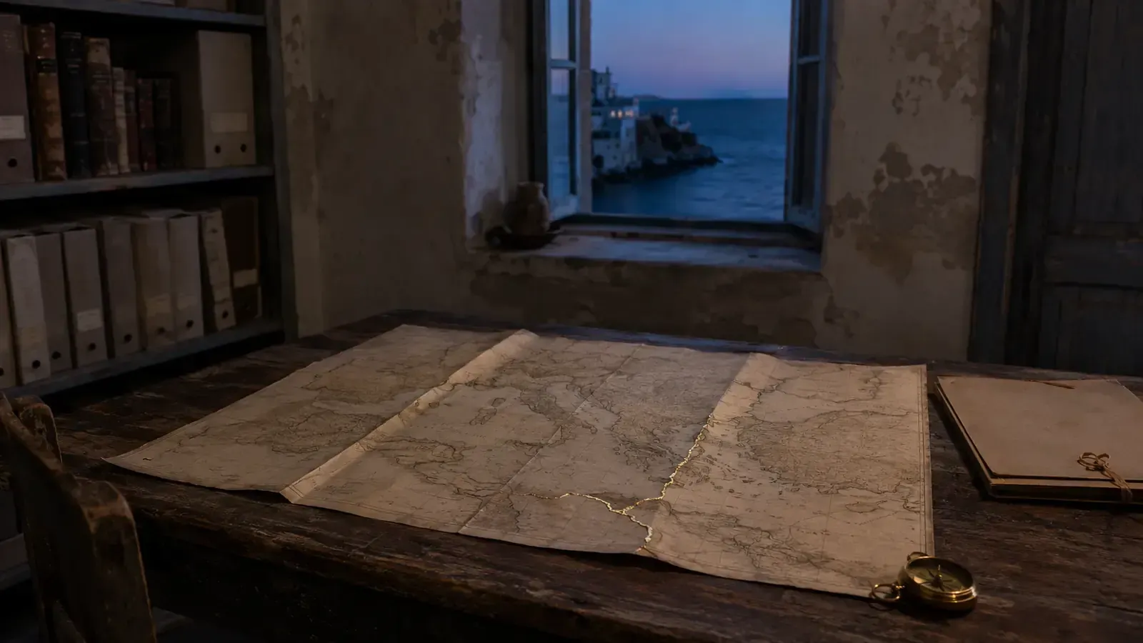 Mappa antica su un tavolo d’archivio, davanti a una finestra aperta sul Mediterraneo, con una sottile fenditura dorata.