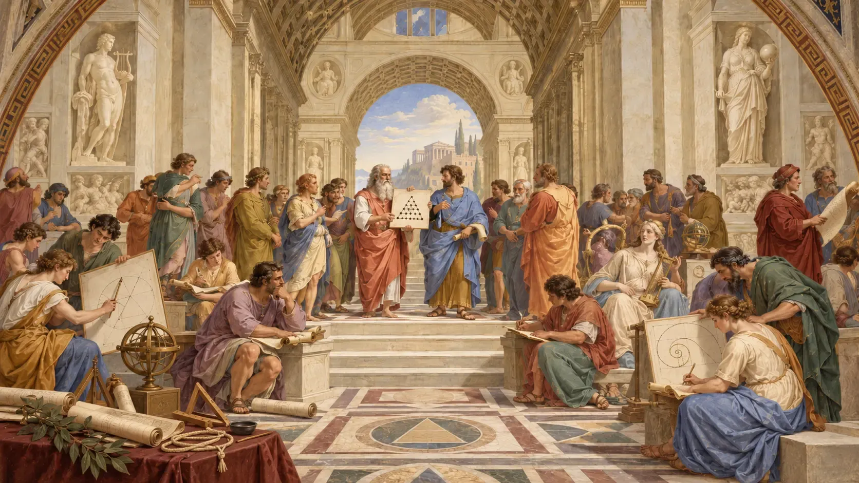 Scena ispirata alla Scuola di Atene, con filosofi in un’architettura classica, rotoli di pergamena, strumenti geometrici e una tavola con la tetraktys pitagorica al centro.