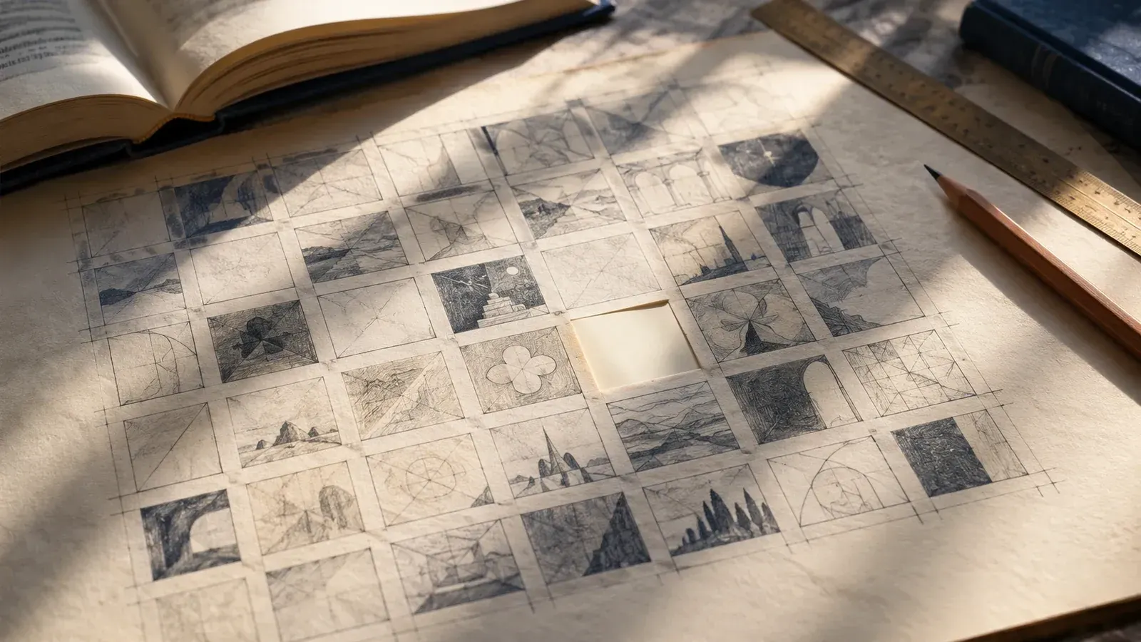 Foglio avorio con una griglia di disegni geometrici e architettonici a matita, una casella vuota, un libro aperto e strumenti da disegno.