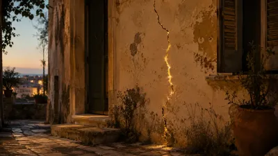 Vicolo mediterraneo con un vecchio muro intonacato, attraversato da una sottile crepa luminosa da cui filtra una luce dorata.
